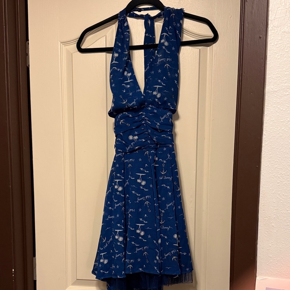 Hell Bunny Pipper Nautical Print Blue & White Halter Mini Dress